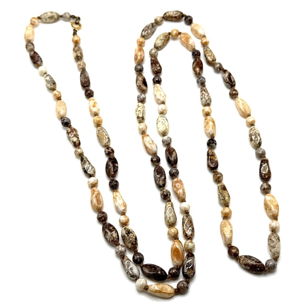 Vintage Picasso Glass Bead Necklace Long Statement 48" Brown Beige Speckled
